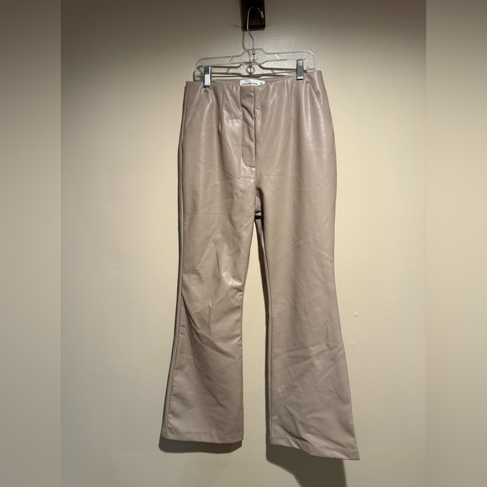Abercrombie & Fitch Curve Love Vegan Leather slim flare Pants in Tan beige